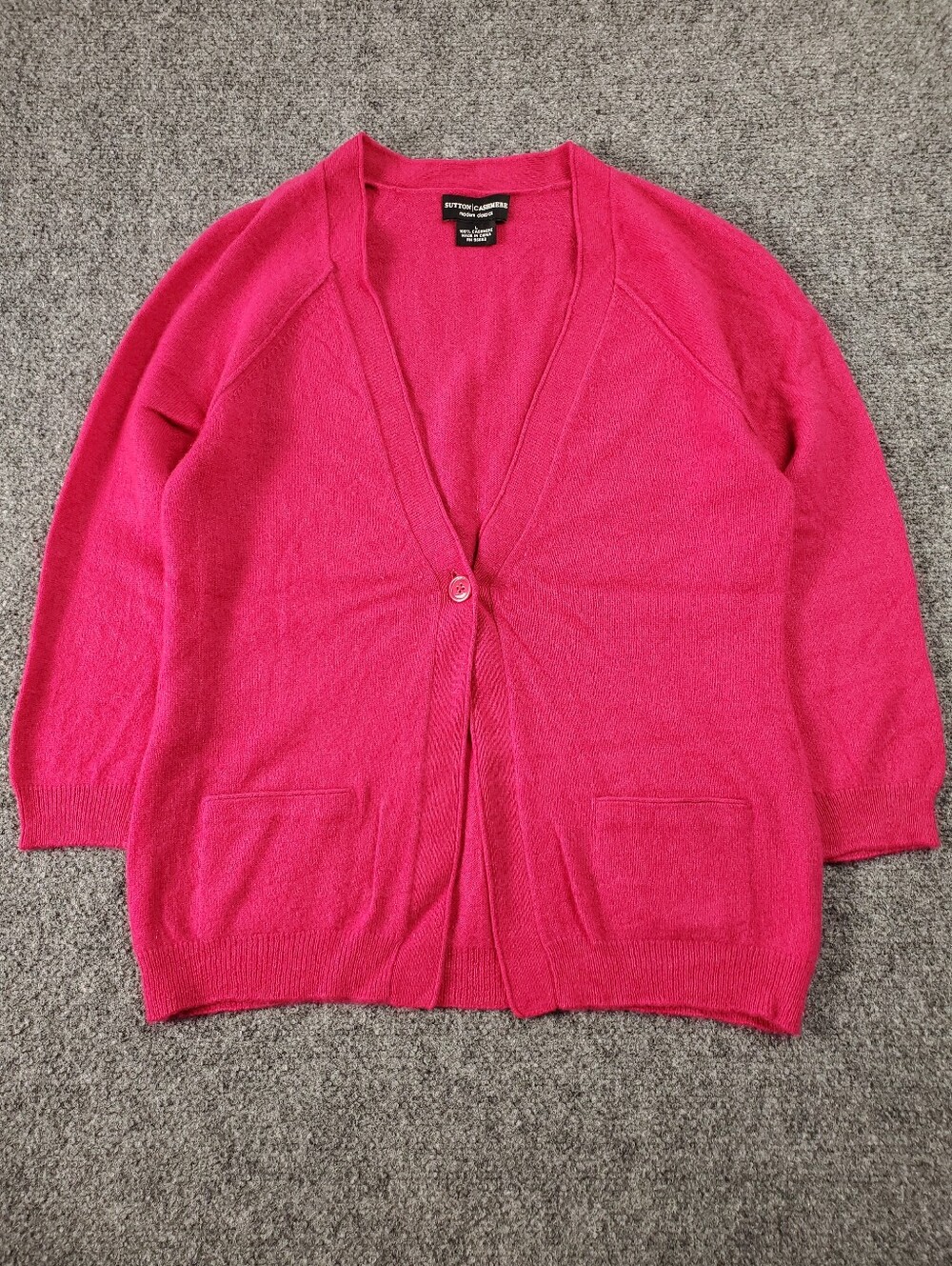Sutton 100% Cashmere Wool Cardigan Sweater Large Hot Pink Single Button V Neck
